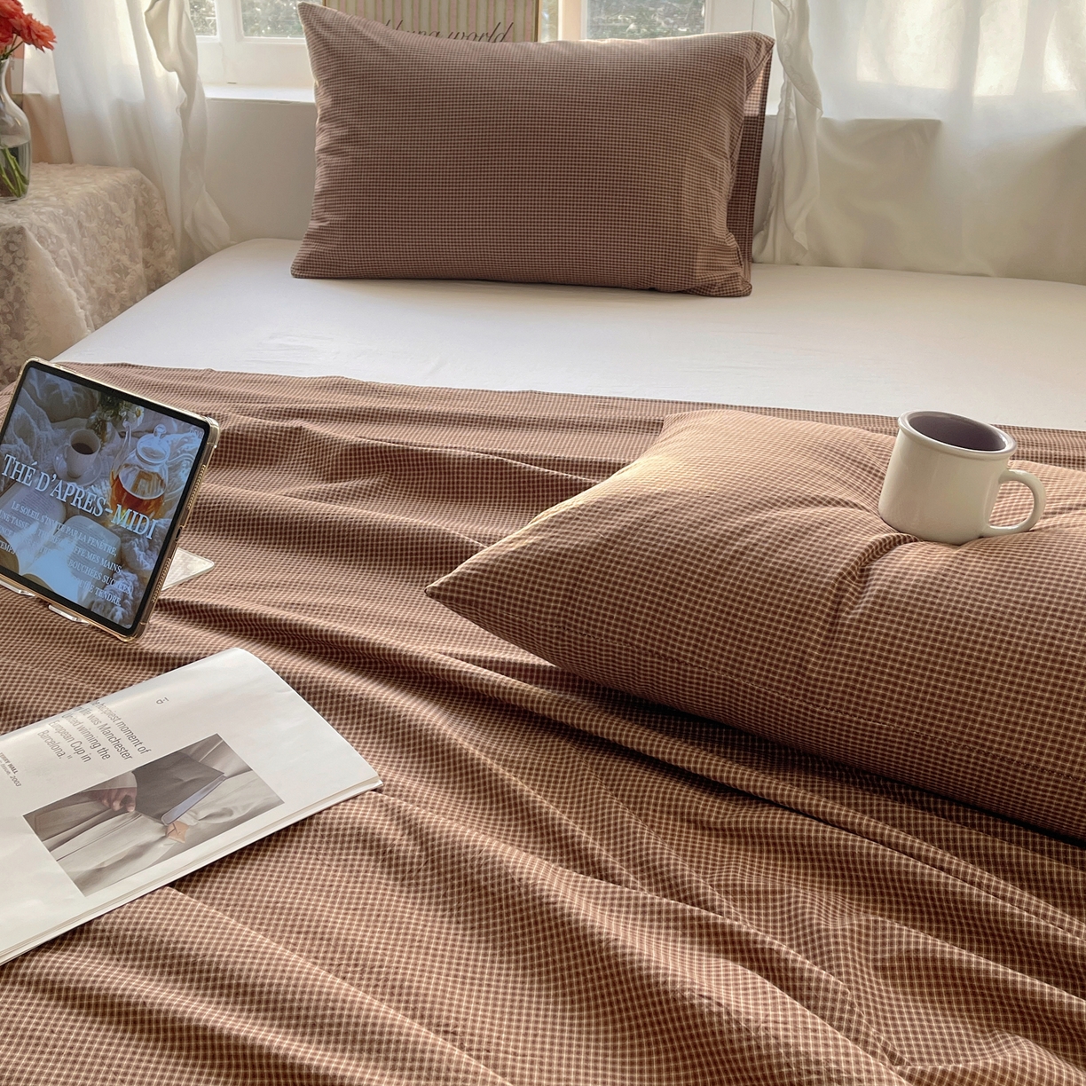 91家纺网 家纺一手货源 找家纺 六巷胡同 2026新款A类全棉纯棉水洗棉色织格子单品床单 床单单件 觅影-咖格