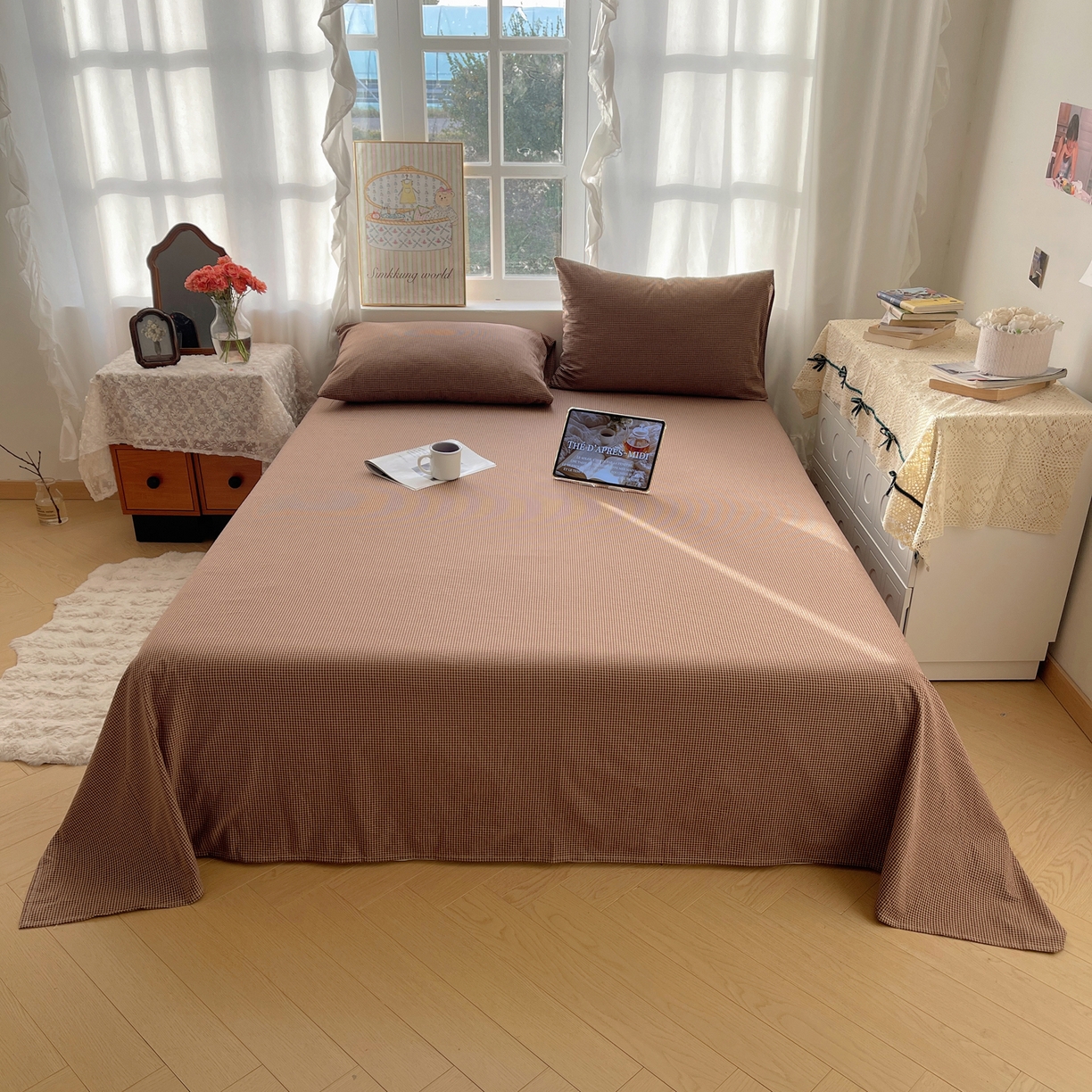 91家纺网 家纺一手货源 找家纺 六巷胡同 2026新款A类全棉纯棉水洗棉色织格子单品床单 床单单件 觅影-咖格