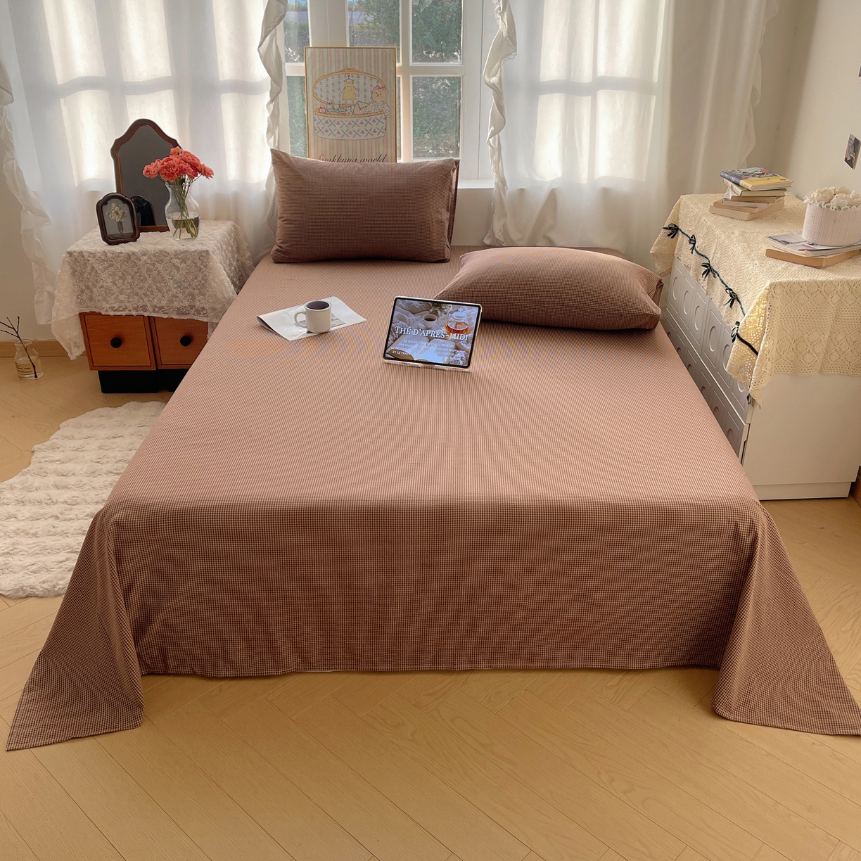 91家纺网 家纺一手货源 找家纺 六巷胡同 2026新款A类全棉纯棉水洗棉色织格子单品床单 床单单件 觅影-咖格