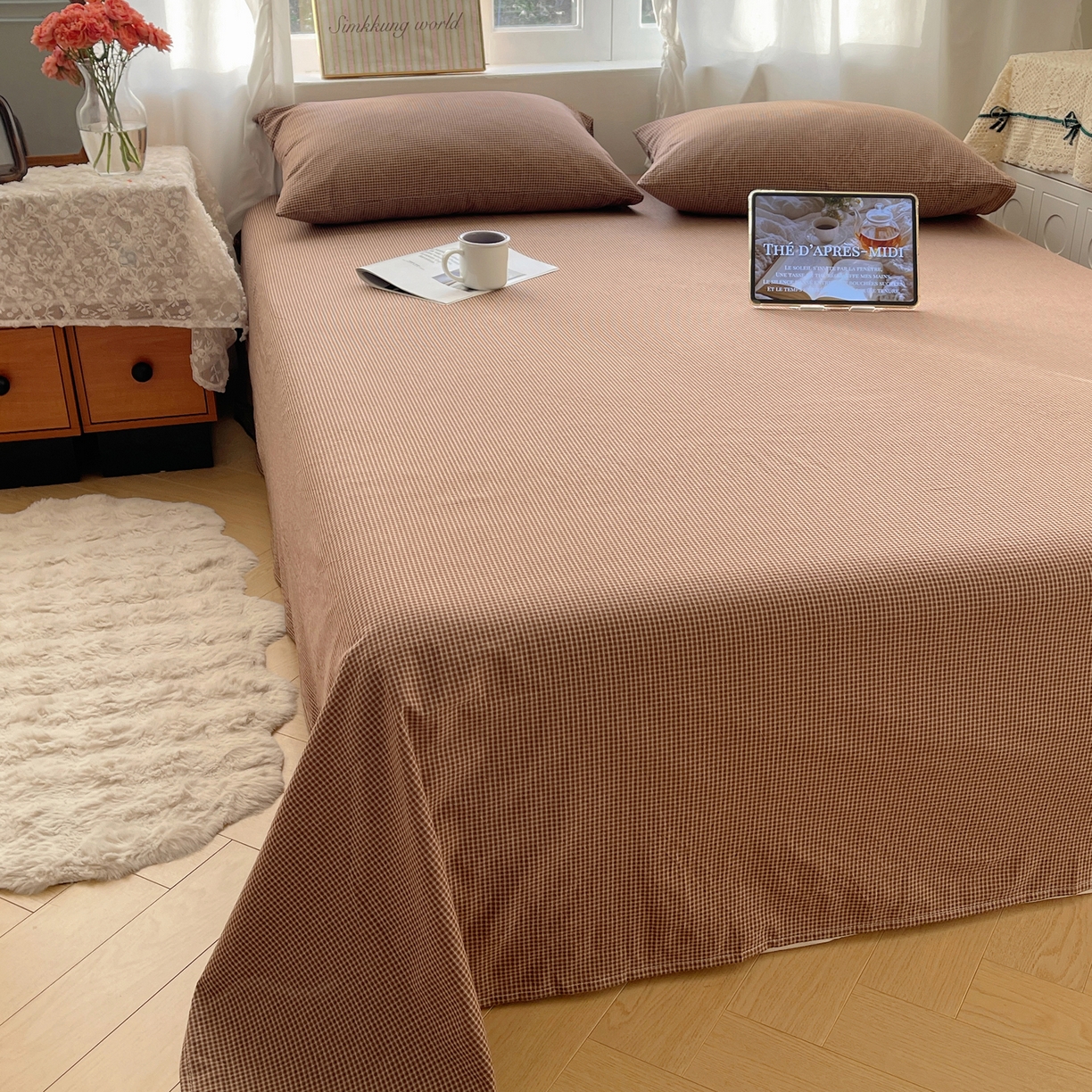 91家纺网 家纺一手货源 找家纺 六巷胡同 2026新款A类全棉纯棉水洗棉色织格子单品床单 床单单件 觅影-咖格