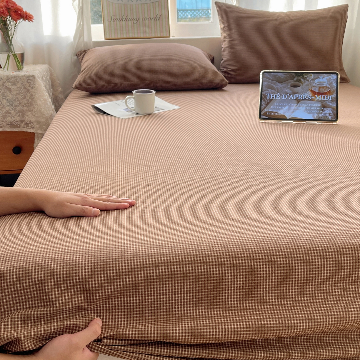 91家纺网 家纺一手货源 找家纺 六巷胡同 2026新款A类全棉纯棉水洗棉色织格子单品床单 床单单件 觅影-咖格
