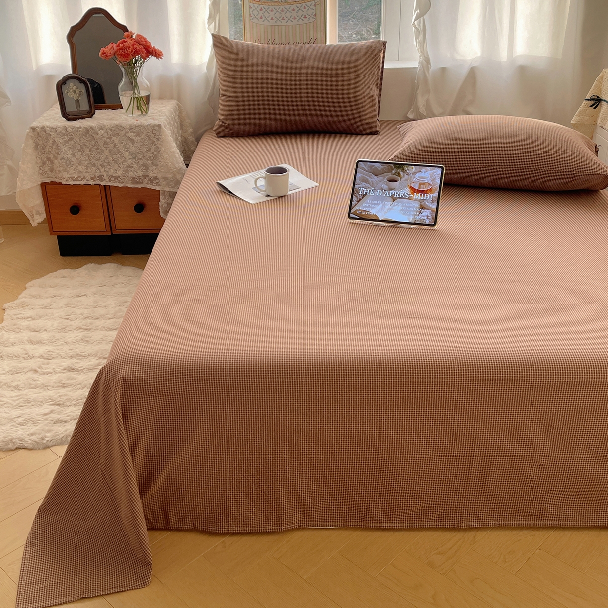 91家纺网 家纺一手货源 找家纺 六巷胡同 2026新款A类全棉纯棉水洗棉色织格子单品床单 床单单件 觅影-咖格