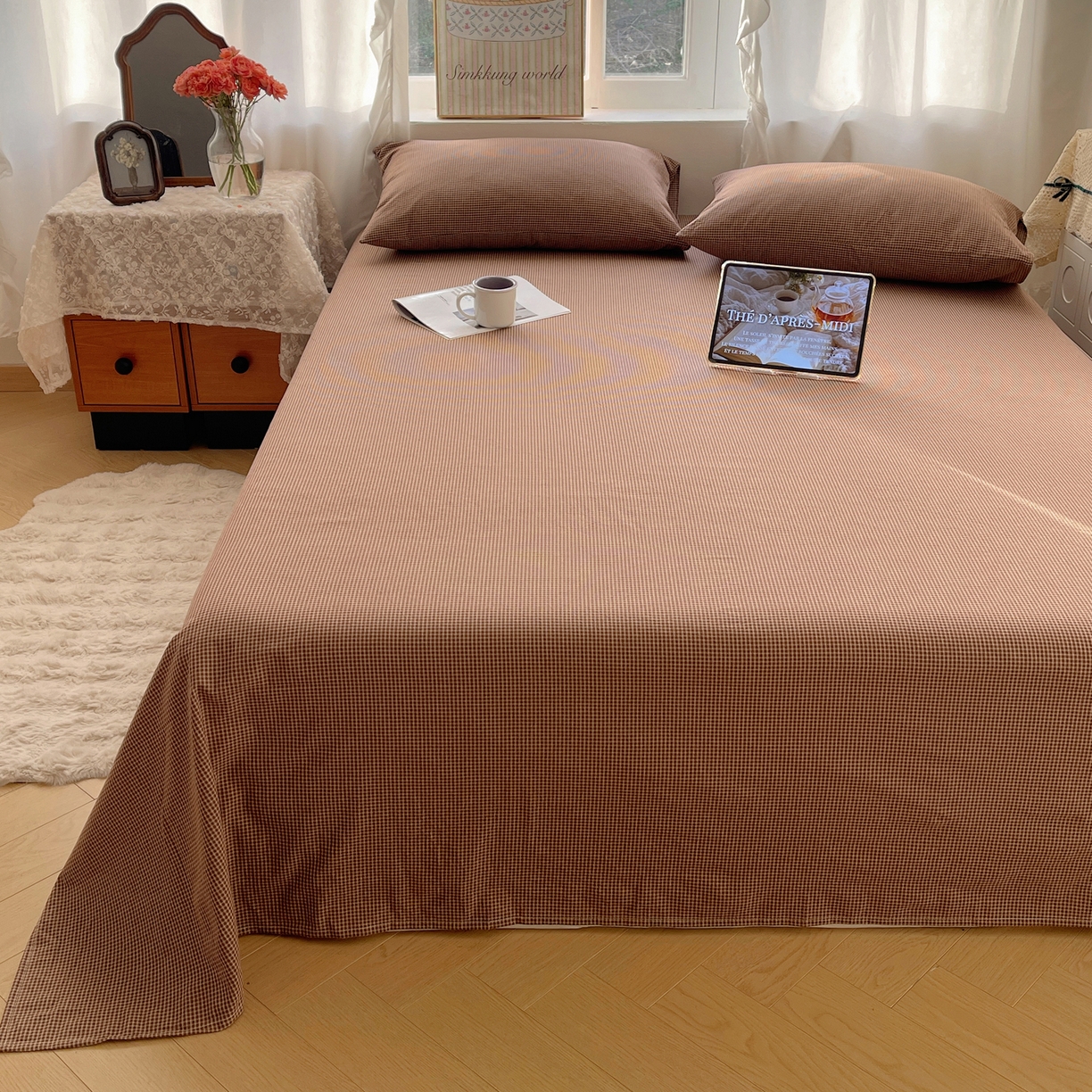 91家纺网 家纺一手货源 找家纺 六巷胡同 2026新款A类全棉纯棉水洗棉色织格子单品床单 床单单件 觅影-咖格
