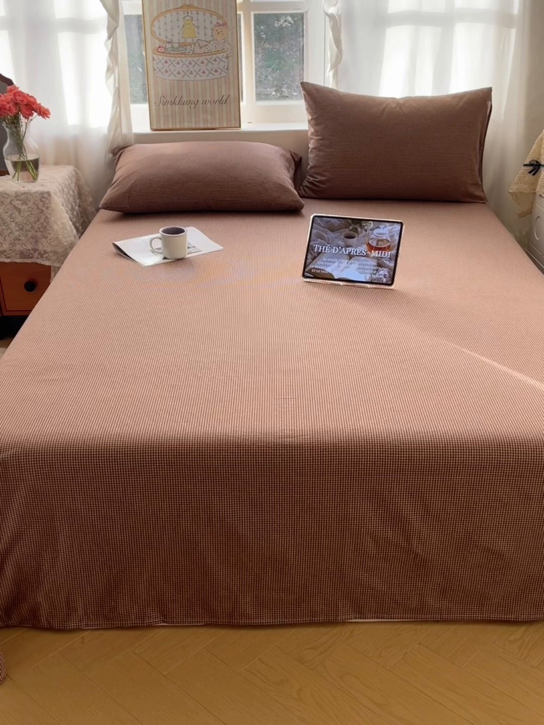 91家纺网 家纺一手货源 找家纺 六巷胡同 2026新款A类全棉纯棉水洗棉色织格子单品床单 床单单件 觅影-咖格