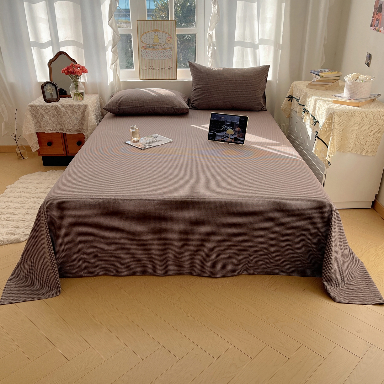 91家纺网 家纺一手货源 找家纺 六巷胡同 2026新款A类全棉纯棉水洗棉色织格子单品床单 床单单件 觅影-棕格