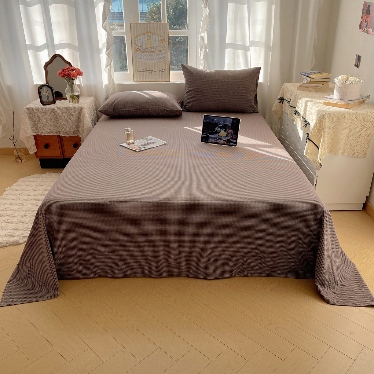 91家纺网 家纺一手货源 找家纺 六巷胡同 2026新款A类全棉纯棉水洗棉色织格子单品床单 床单单件 觅影-棕格