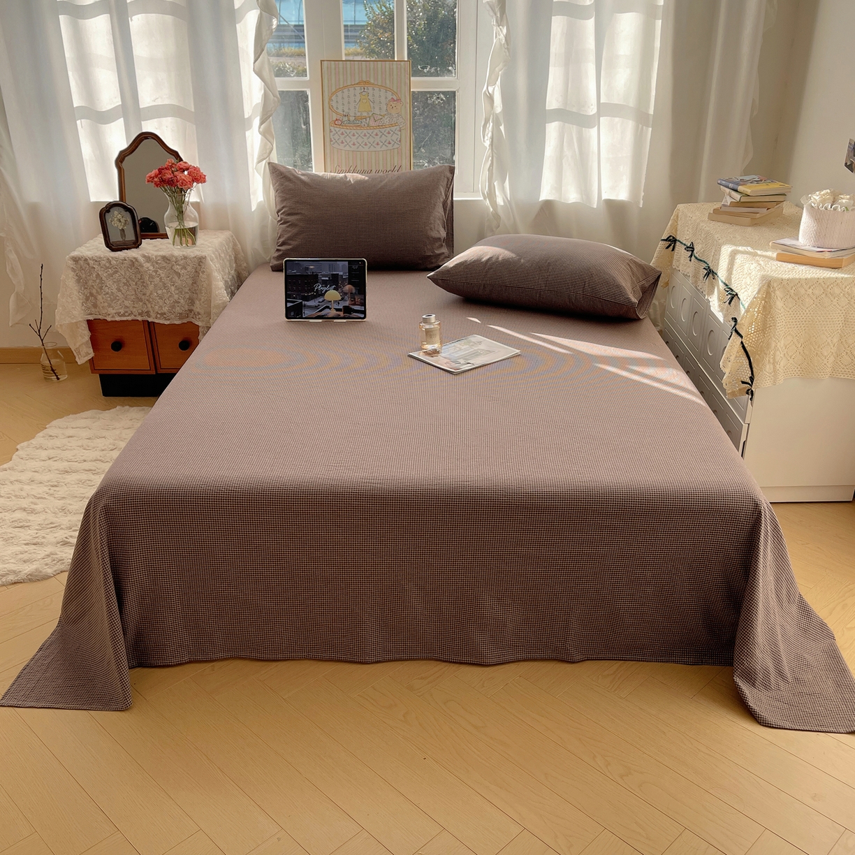 91家纺网 家纺一手货源 找家纺 六巷胡同 2026新款A类全棉纯棉水洗棉色织格子单品床单 床单单件 觅影-棕格