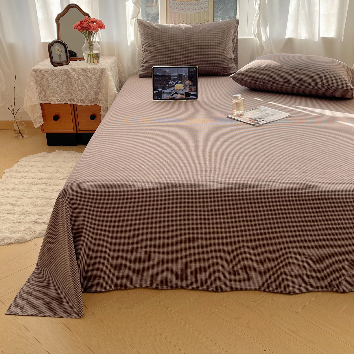 91家纺网 家纺一手货源 找家纺 六巷胡同 2026新款A类全棉纯棉水洗棉色织格子单品床单 床单单件 觅影-棕格