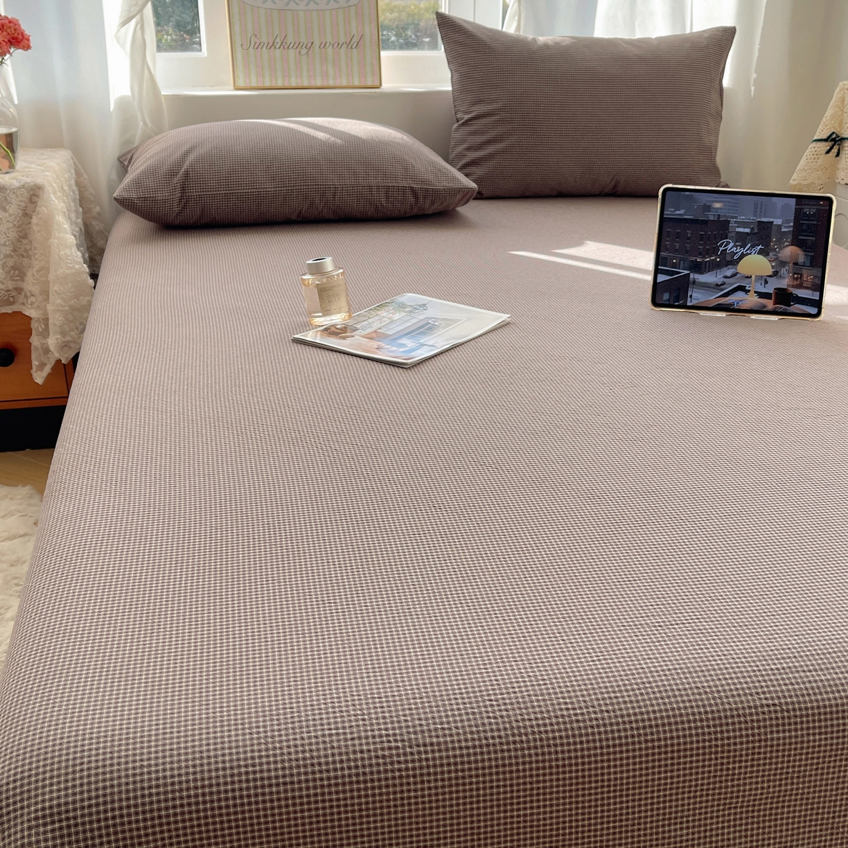 91家纺网 家纺一手货源 找家纺 六巷胡同 2026新款A类全棉纯棉水洗棉色织格子单品床单 床单单件 觅影-棕格