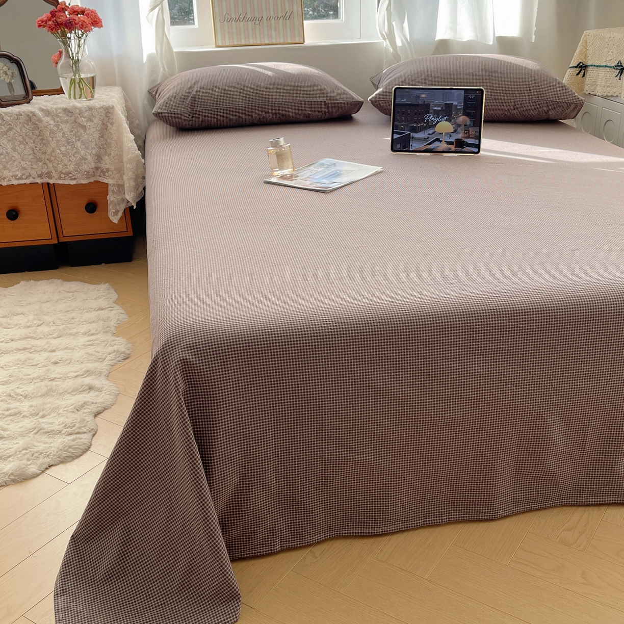 91家纺网 家纺一手货源 找家纺 六巷胡同 2026新款A类全棉纯棉水洗棉色织格子单品床单 床单单件 觅影-棕格