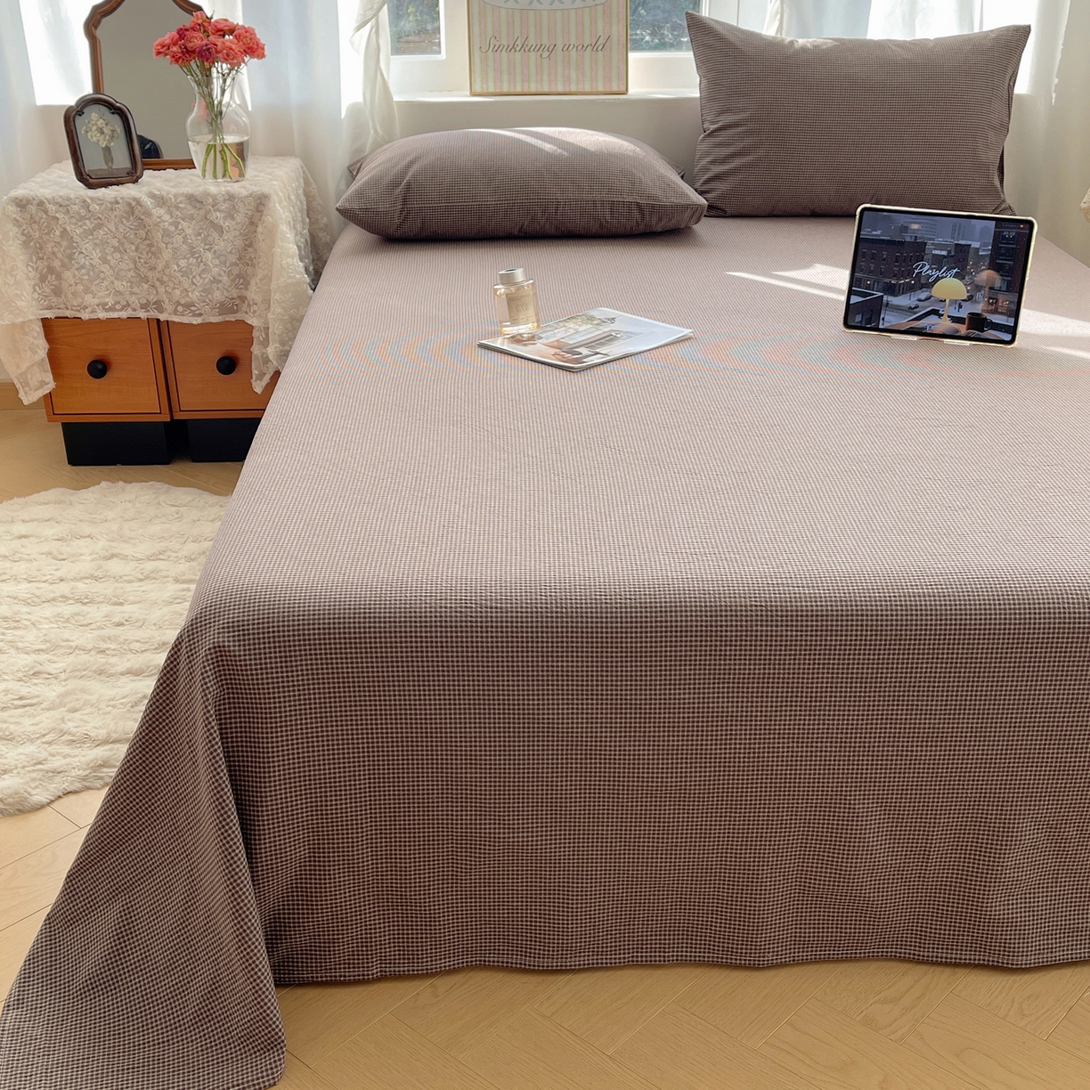91家纺网 家纺一手货源 找家纺 六巷胡同 2026新款A类全棉纯棉水洗棉色织格子单品床单 床单单件 觅影-棕格