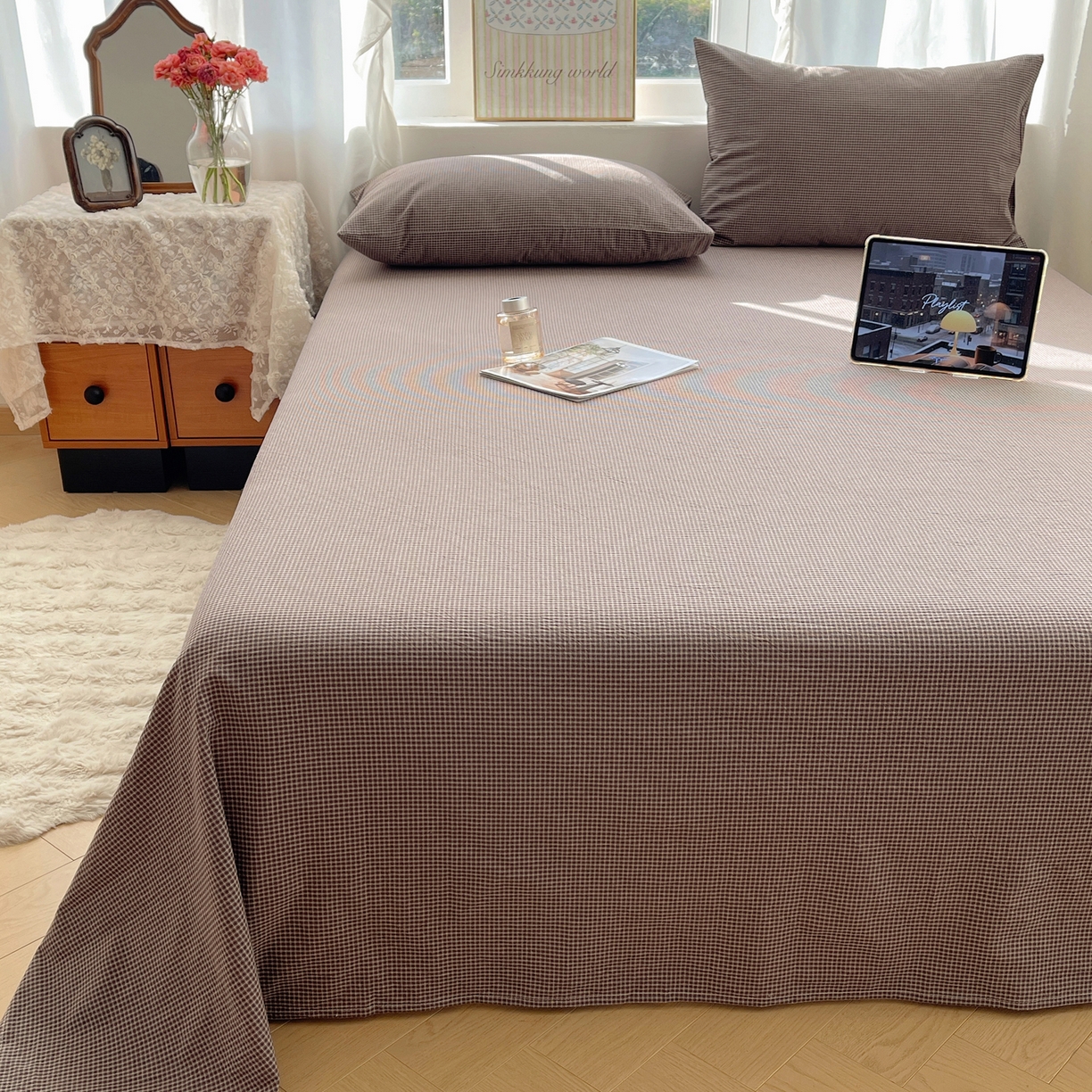 91家纺网 家纺一手货源 找家纺 六巷胡同 2026新款A类全棉纯棉水洗棉色织格子单品床单 床单单件 觅影-棕格
