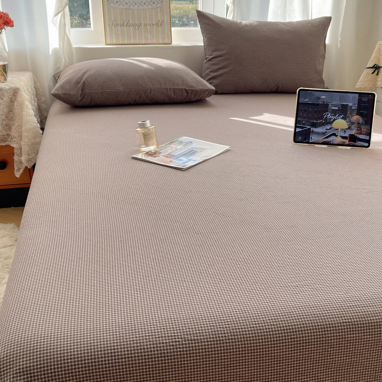 91家纺网 家纺一手货源 找家纺 六巷胡同 2026新款A类全棉纯棉水洗棉色织格子单品床单 床单单件 觅影-棕格