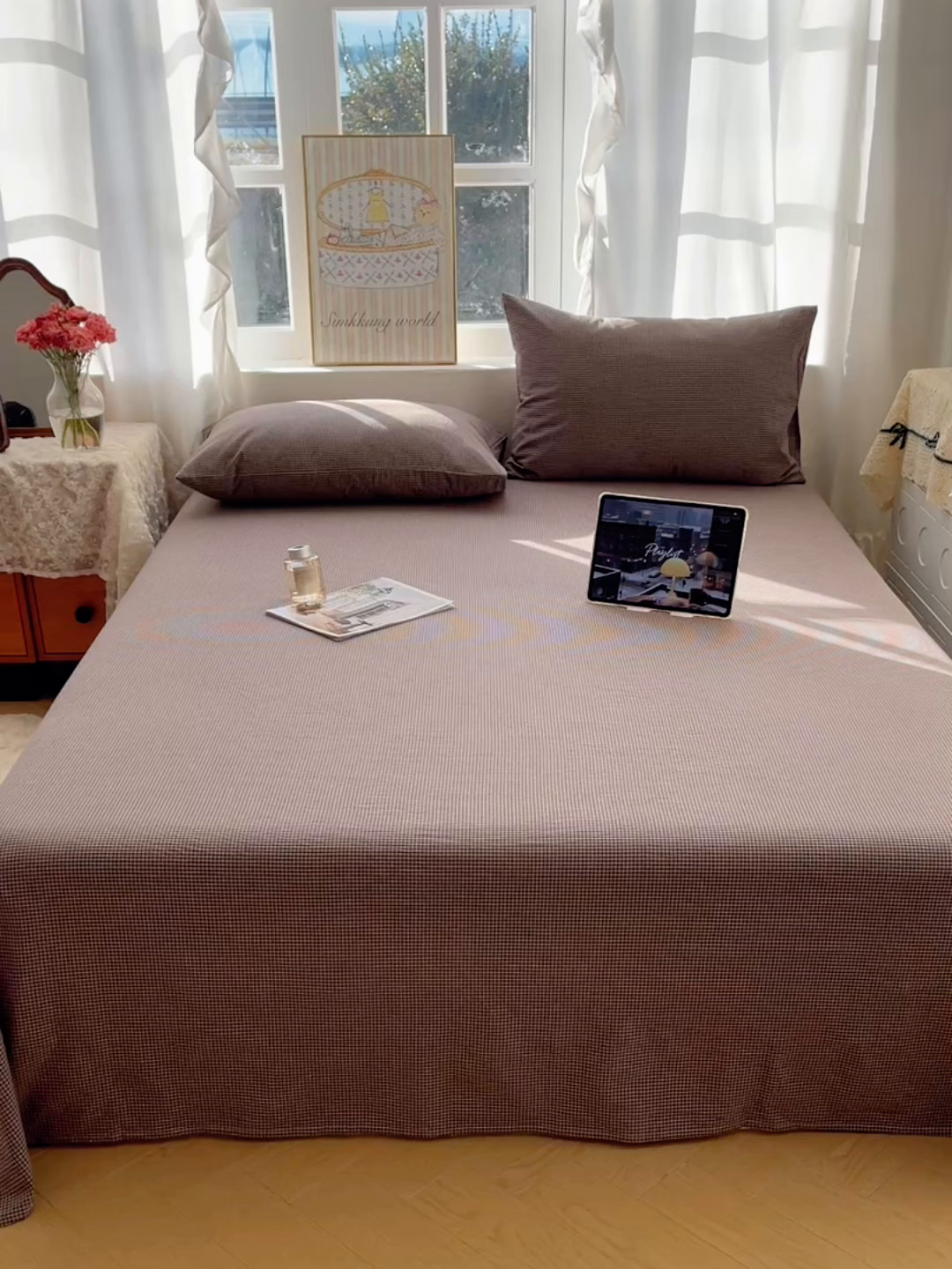 91家纺网 家纺一手货源 找家纺 六巷胡同 2026新款A类全棉纯棉水洗棉色织格子单品床单 床单单件 觅影-棕格