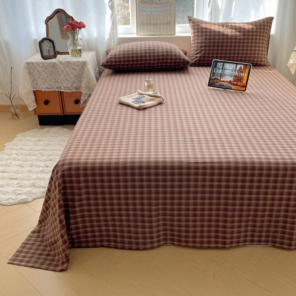 91家纺网 家纺一手货源 找家纺 六巷胡同 2026新款A类全棉纯棉水洗棉色织格子单品床单 床单单件 巷往-红格