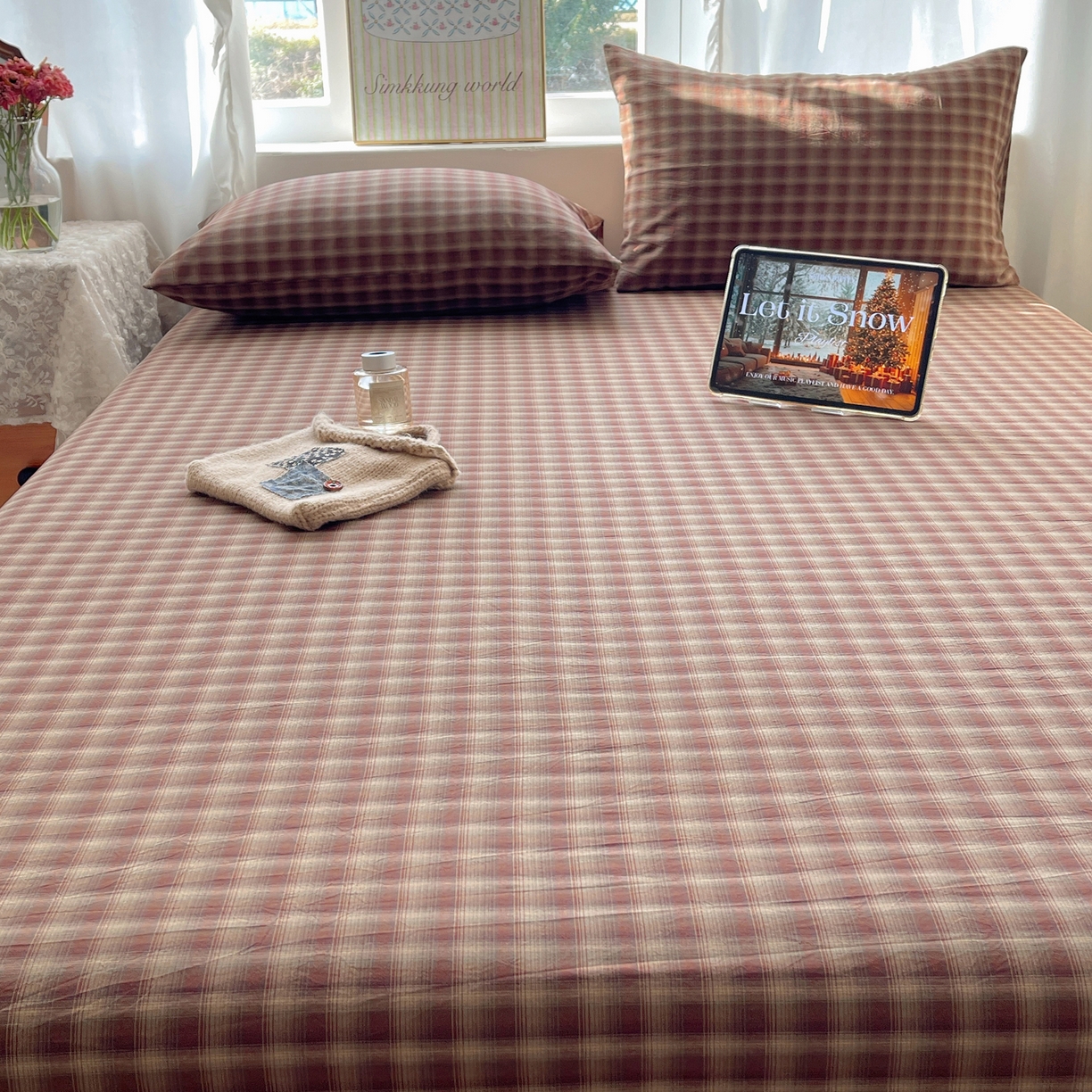 91家纺网 家纺一手货源 找家纺 六巷胡同 2026新款A类全棉纯棉水洗棉色织格子单品床单 床单单件 巷往-红格