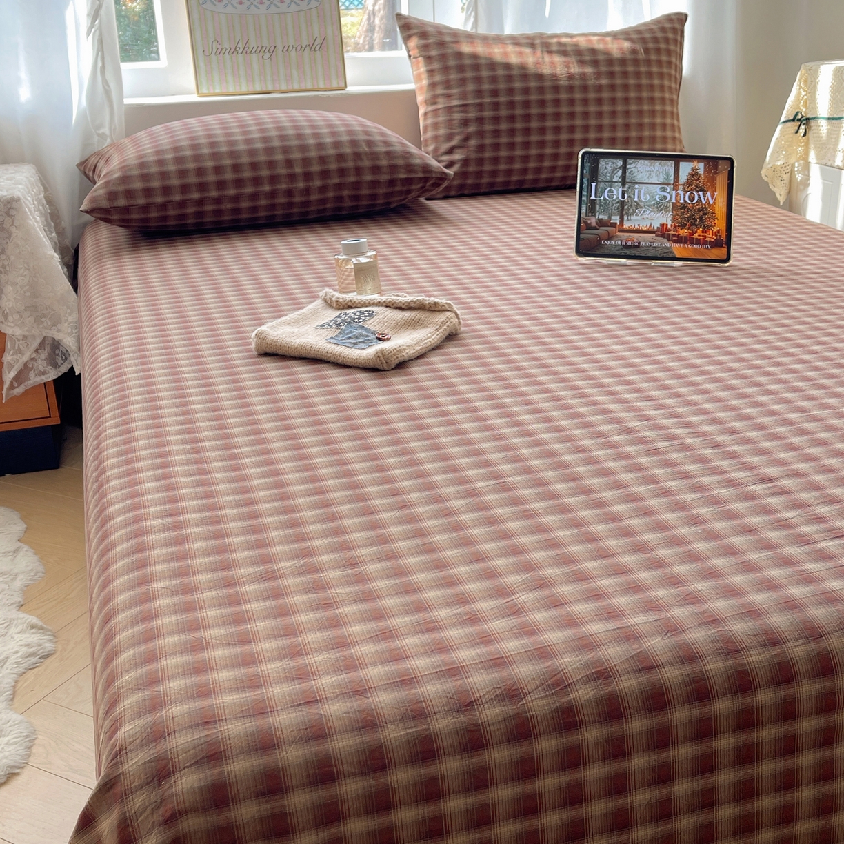91家纺网 家纺一手货源 找家纺 六巷胡同 2026新款A类全棉纯棉水洗棉色织格子单品床单 床单单件 巷往-红格