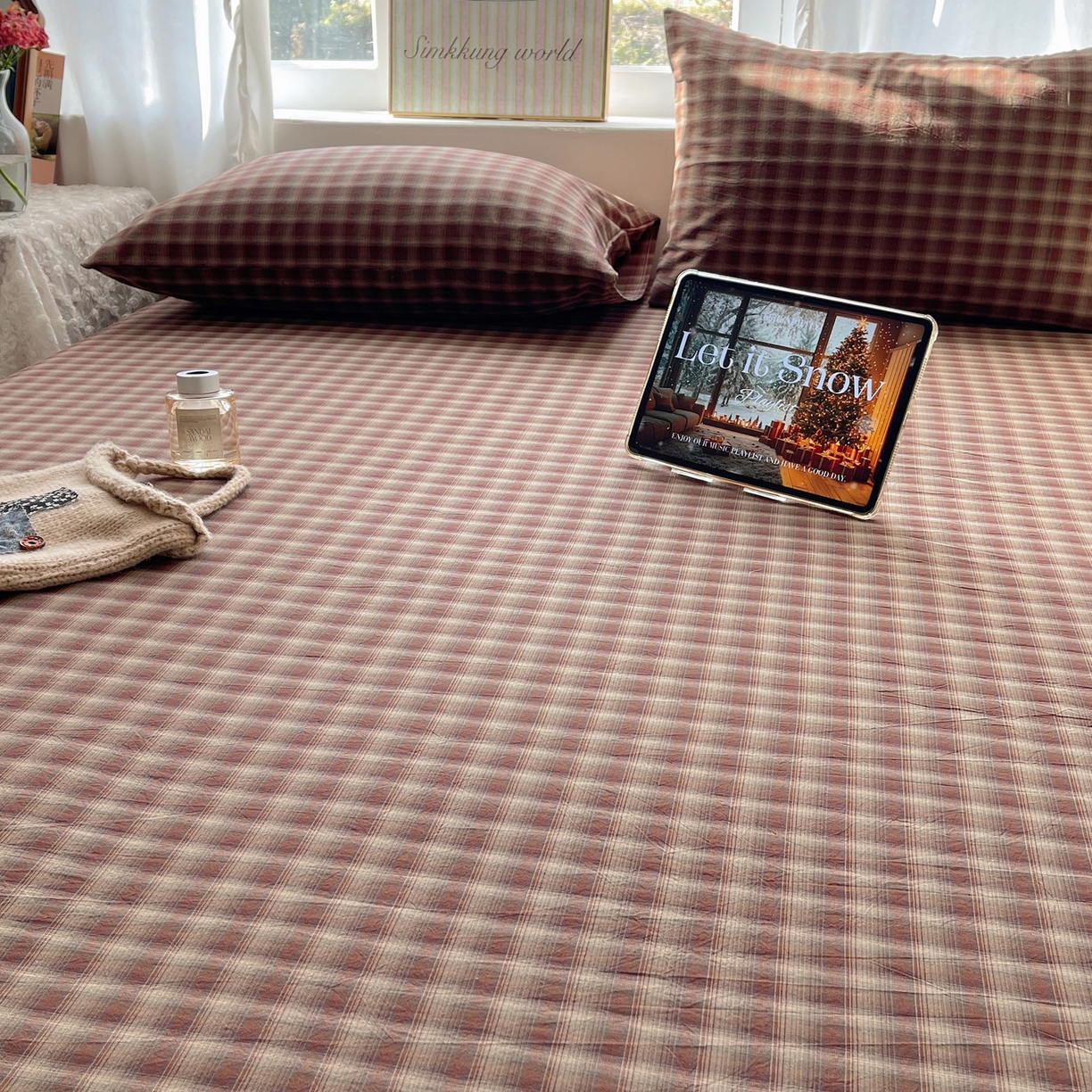 91家纺网 家纺一手货源 找家纺 六巷胡同 2026新款A类全棉纯棉水洗棉色织格子单品床单 床单单件 巷往-红格