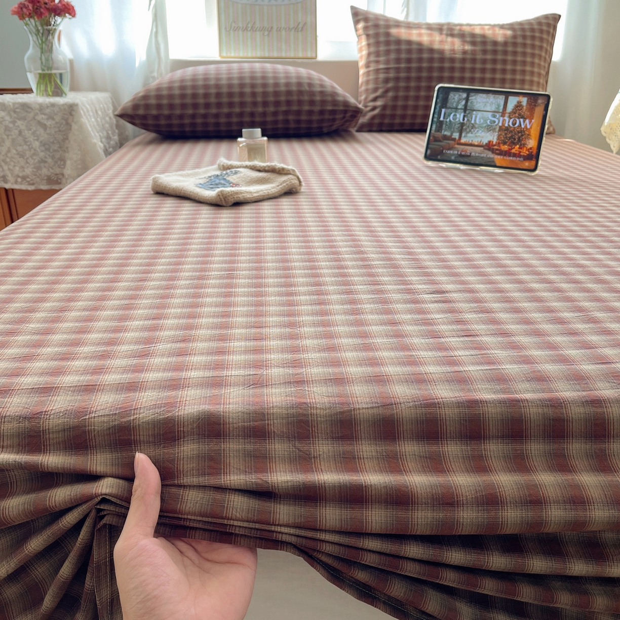 91家纺网 家纺一手货源 找家纺 六巷胡同 2026新款A类全棉纯棉水洗棉色织格子单品床单 床单单件 巷往-红格