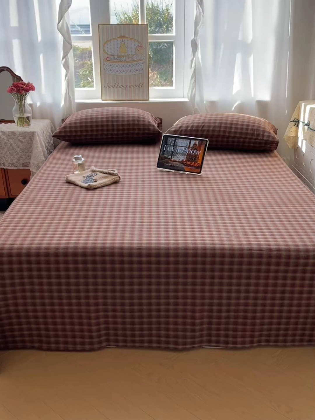91家纺网 家纺一手货源 找家纺 六巷胡同 2026新款A类全棉纯棉水洗棉色织格子单品床单 床单单件 巷往-红格