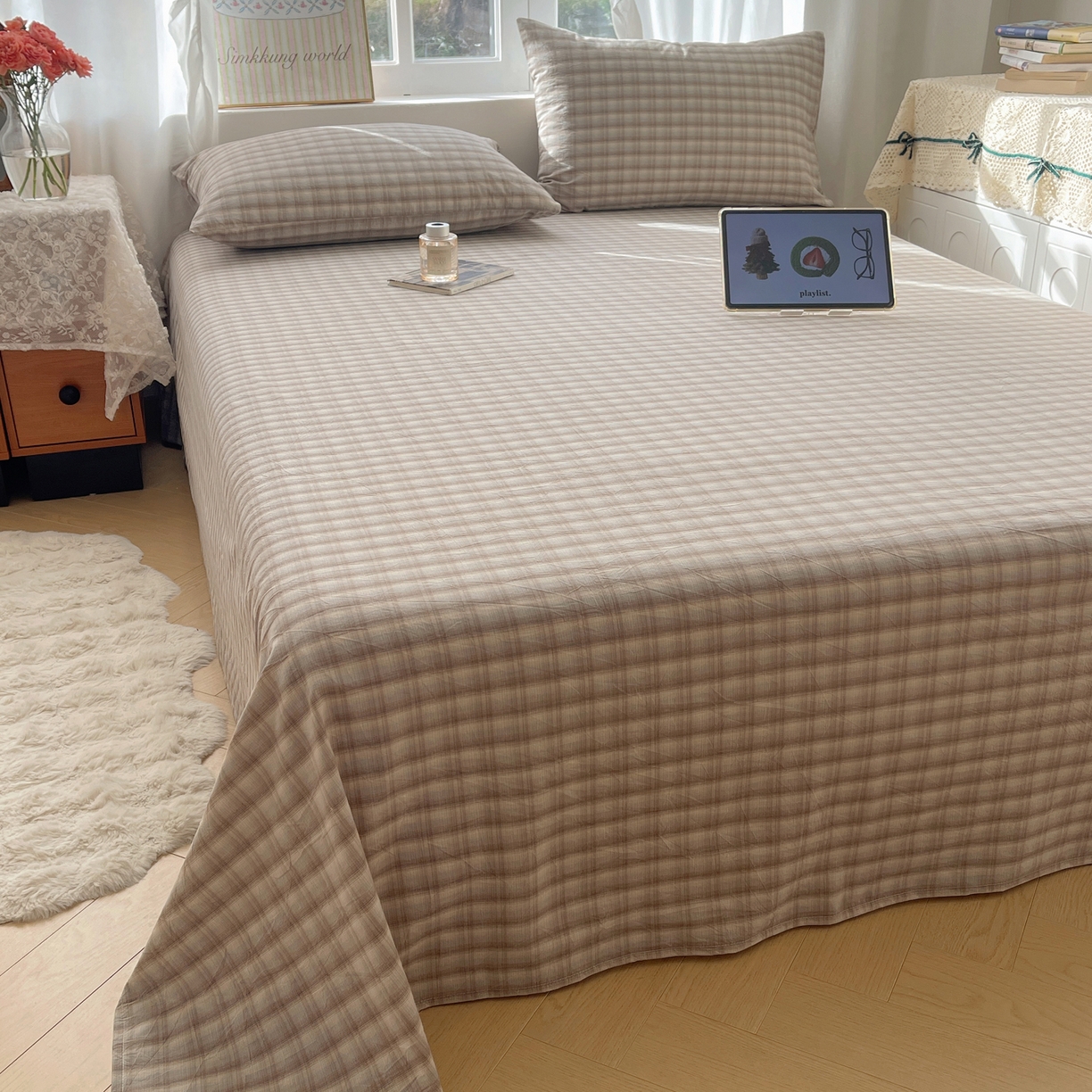 六巷胡同 2026新款A类全棉纯棉水洗棉色织格子单品床单 床单单件 巷往-灰格