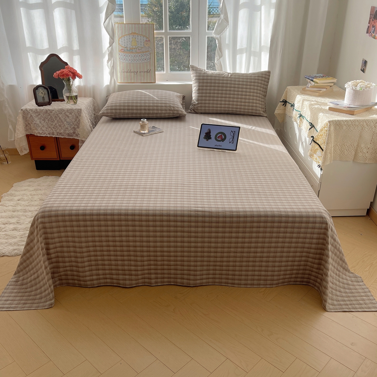 91家纺网 家纺一手货源 找家纺 六巷胡同 2026新款A类全棉纯棉水洗棉色织格子单品床单 床单单件 巷往-灰格