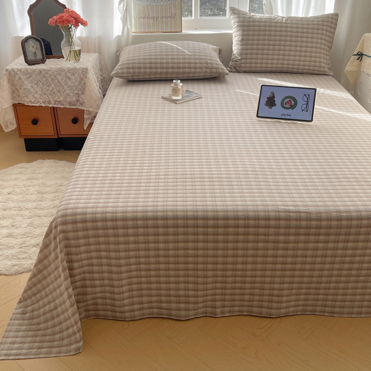 91家纺网 家纺一手货源 找家纺 六巷胡同 2026新款A类全棉纯棉水洗棉色织格子单品床单 床单单件 巷往-灰格