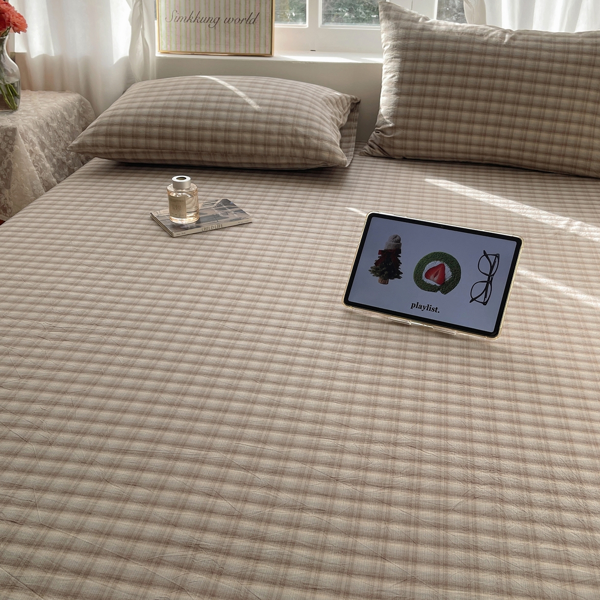 91家纺网 家纺一手货源 找家纺 六巷胡同 2026新款A类全棉纯棉水洗棉色织格子单品床单 床单单件 巷往-灰格