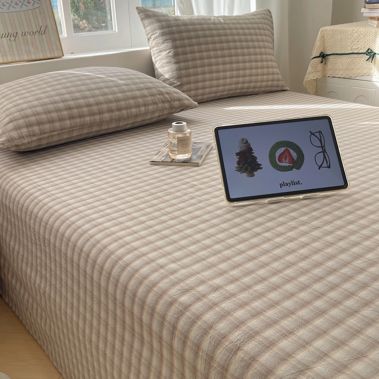 91家纺网 家纺一手货源 找家纺 六巷胡同 2026新款A类全棉纯棉水洗棉色织格子单品床单 床单单件 巷往-灰格