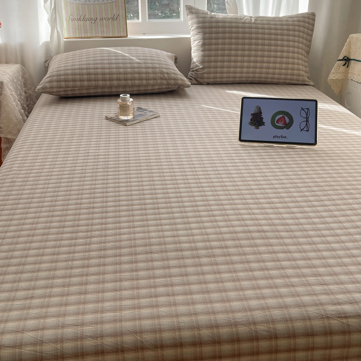 91家纺网 家纺一手货源 找家纺 六巷胡同 2026新款A类全棉纯棉水洗棉色织格子单品床单 床单单件 巷往-灰格