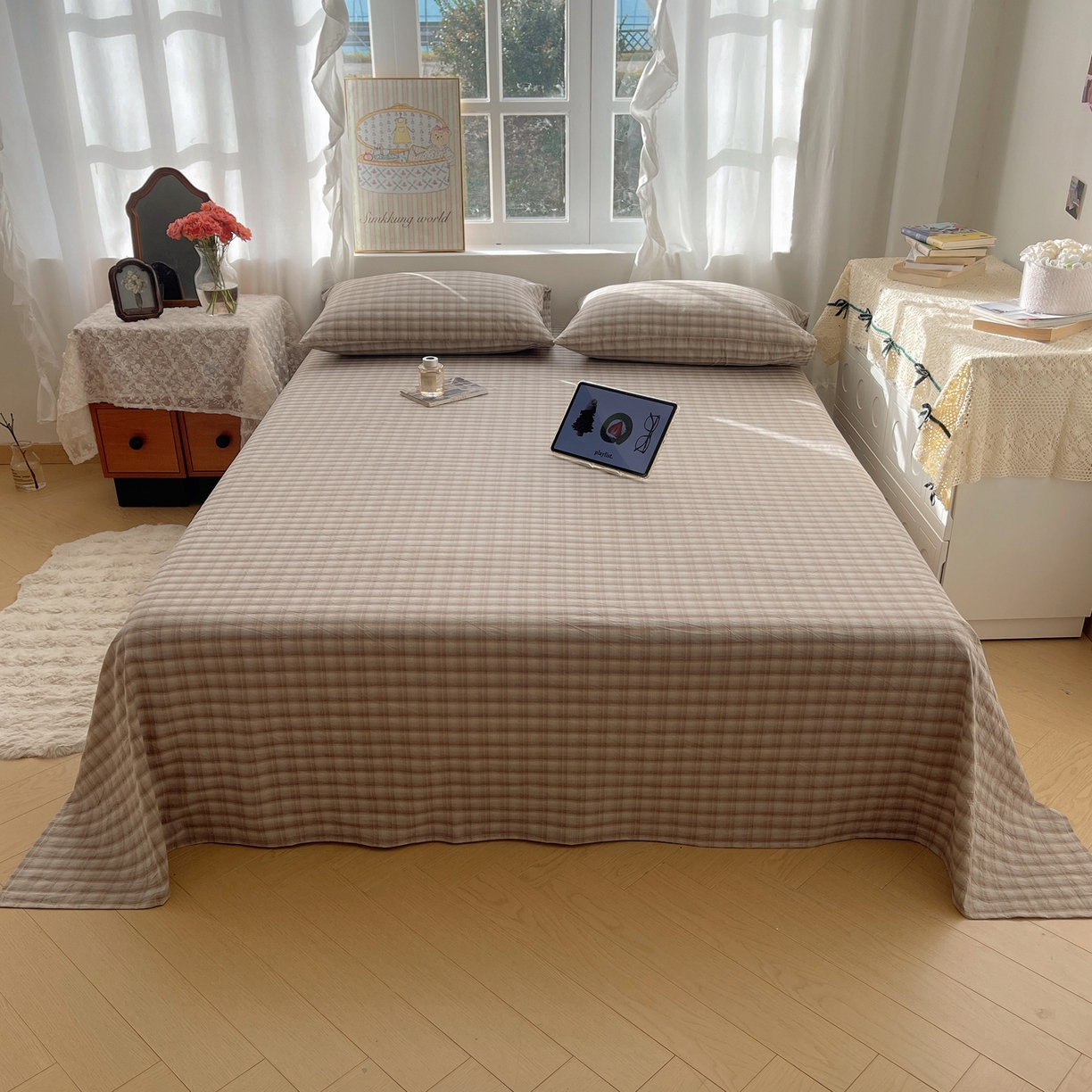 91家纺网 家纺一手货源 找家纺 六巷胡同 2026新款A类全棉纯棉水洗棉色织格子单品床单 床单单件 巷往-灰格