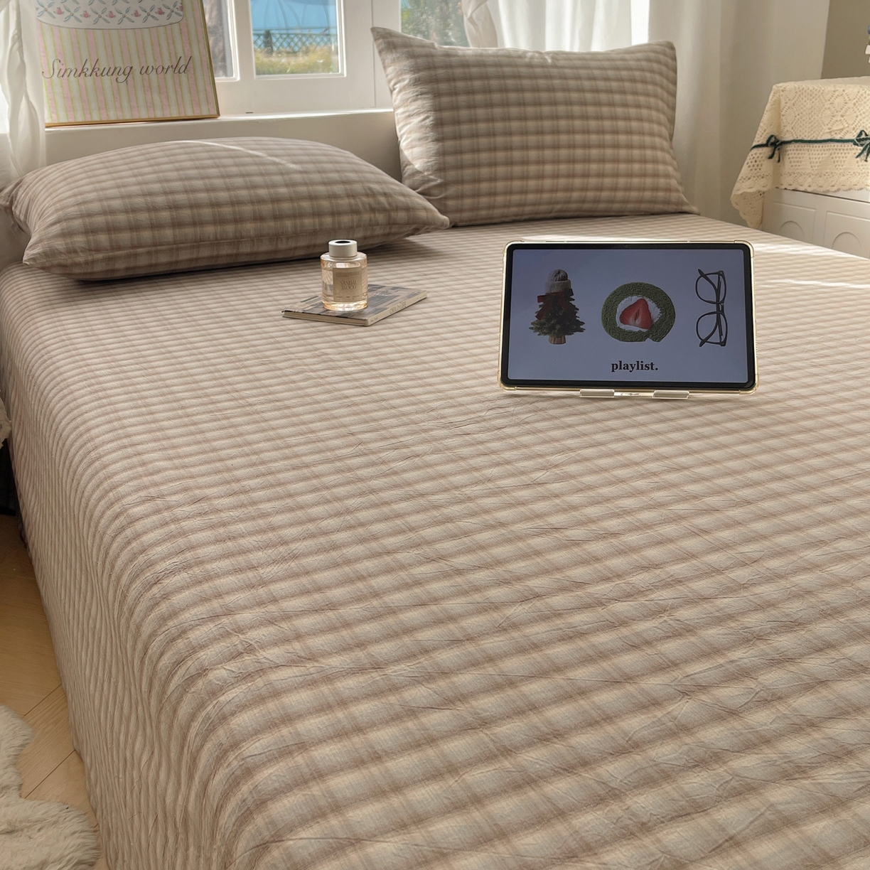 91家纺网 家纺一手货源 找家纺 六巷胡同 2026新款A类全棉纯棉水洗棉色织格子单品床单 床单单件 巷往-灰格