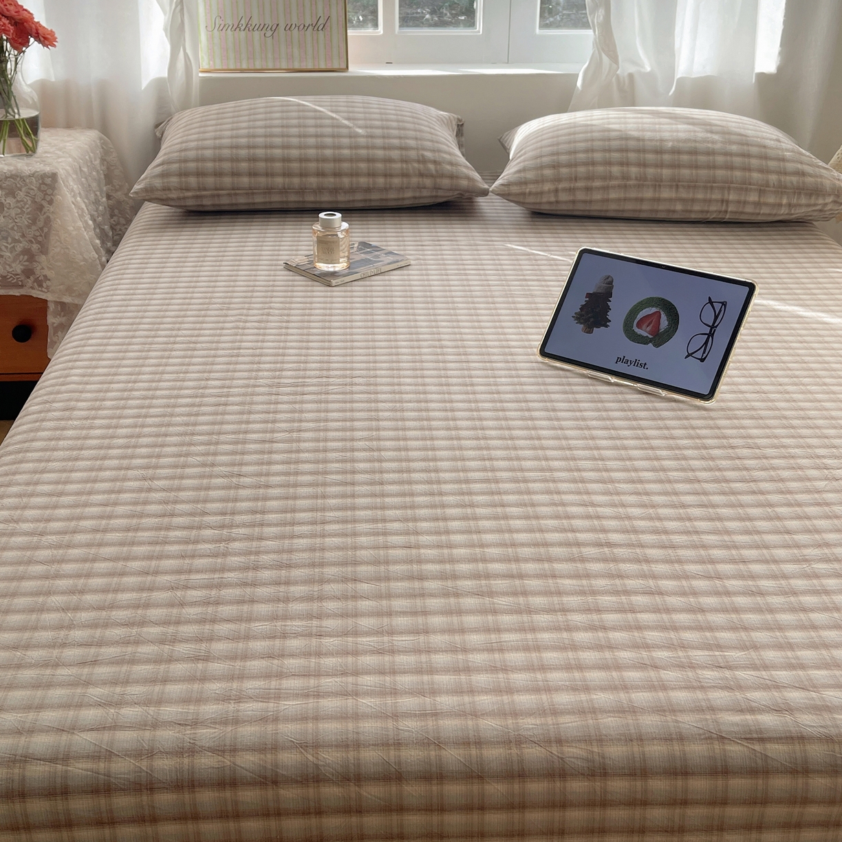 91家纺网 家纺一手货源 找家纺 六巷胡同 2026新款A类全棉纯棉水洗棉色织格子单品床单 床单单件 巷往-灰格