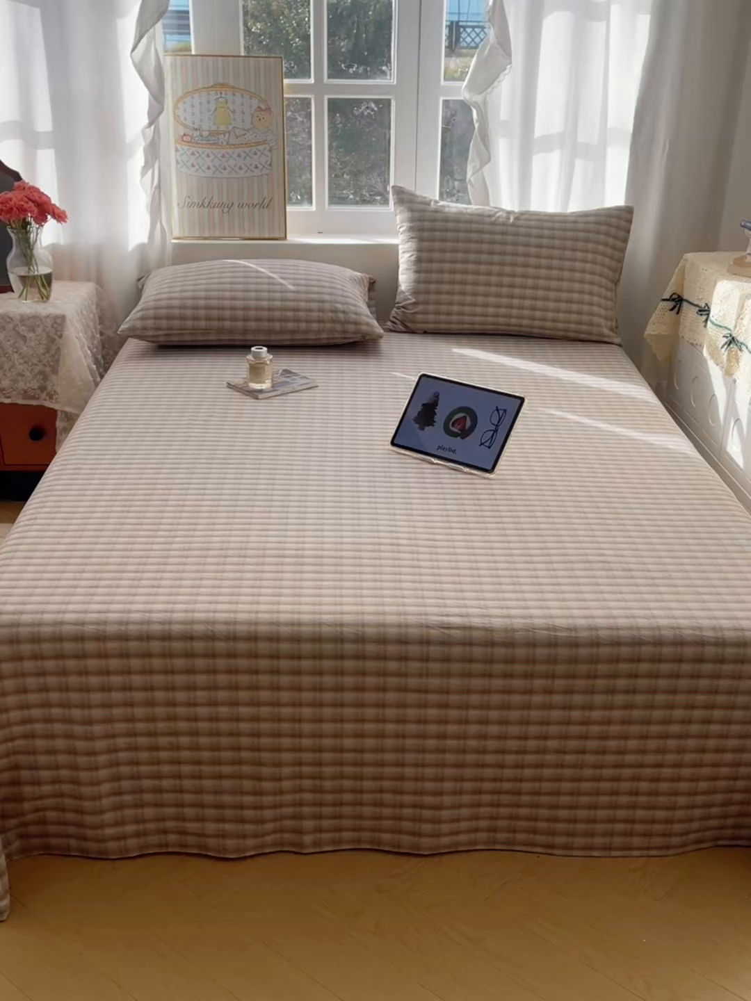 91家纺网 家纺一手货源 找家纺 六巷胡同 2026新款A类全棉纯棉水洗棉色织格子单品床单 床单单件 巷往-灰格