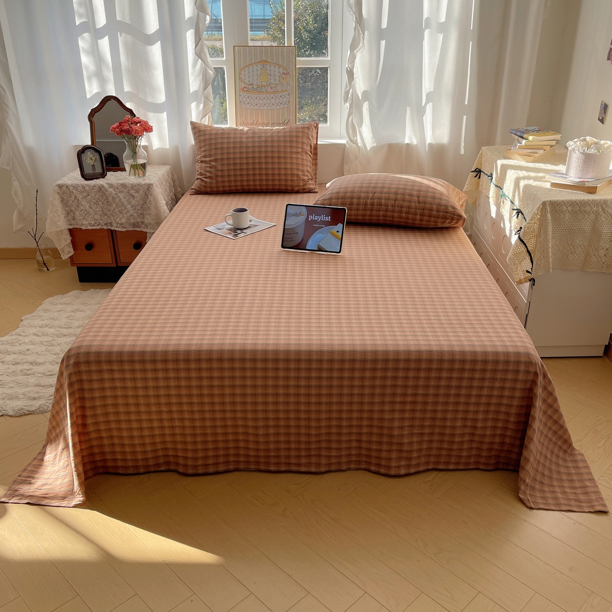 91家纺网 家纺一手货源 找家纺 六巷胡同 2026新款A类全棉纯棉水洗棉色织格子单品床单 床单单件 巷往-橘格