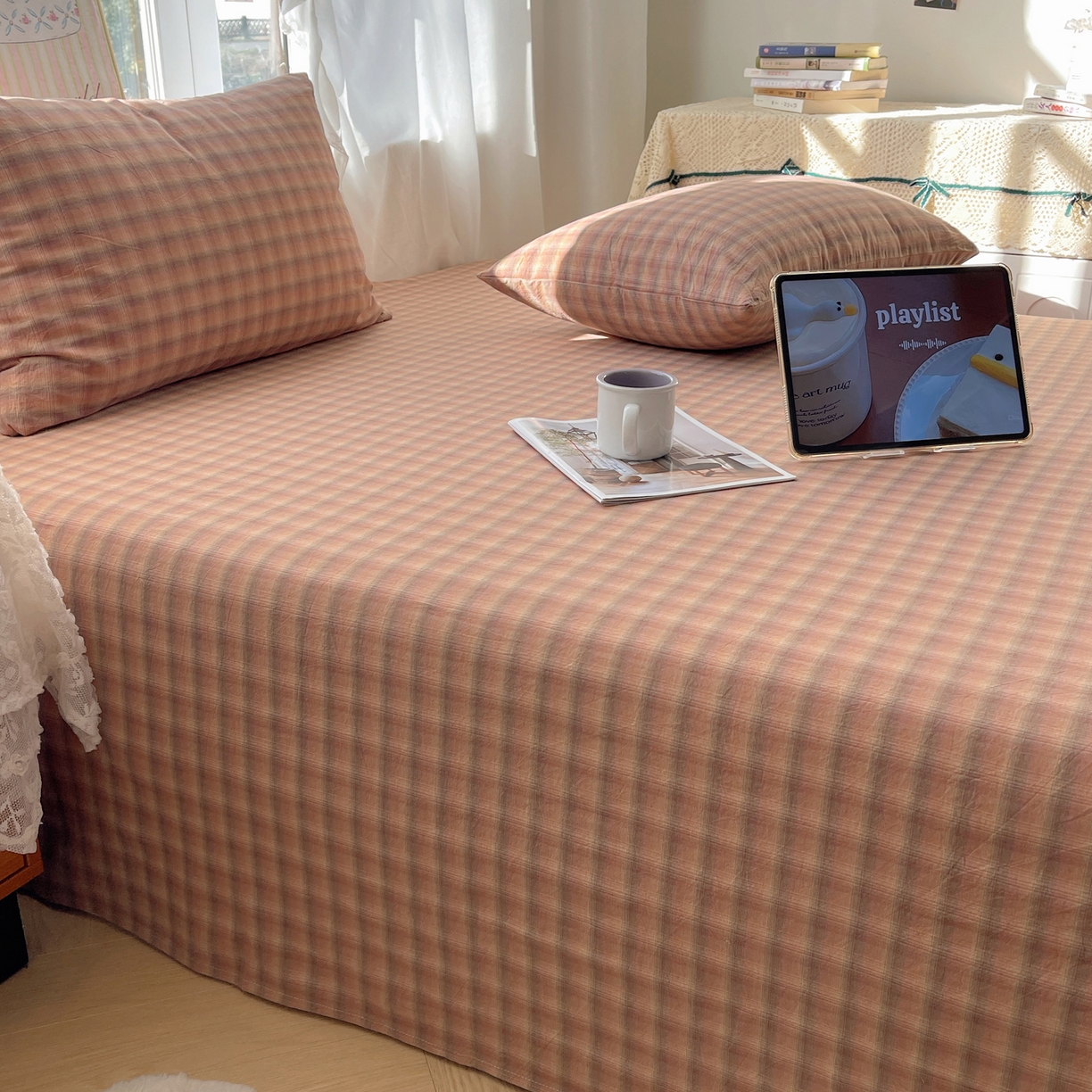 91家纺网 家纺一手货源 找家纺 六巷胡同 2026新款A类全棉纯棉水洗棉色织格子单品床单 床单单件 巷往-橘格