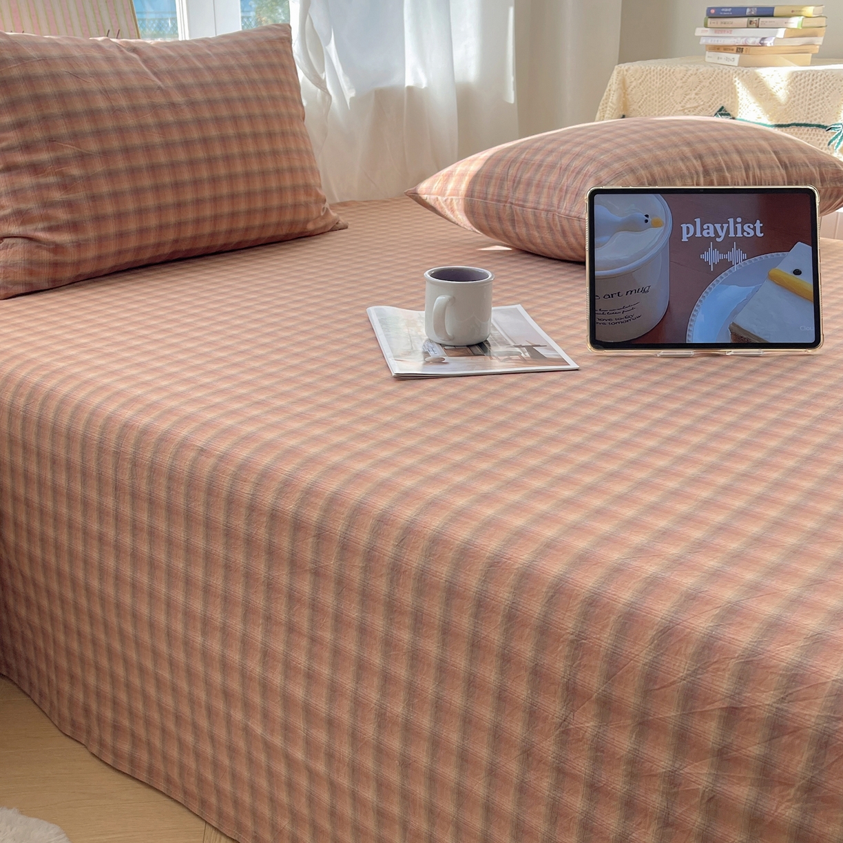 91家纺网 家纺一手货源 找家纺 六巷胡同 2026新款A类全棉纯棉水洗棉色织格子单品床单 床单单件 巷往-橘格