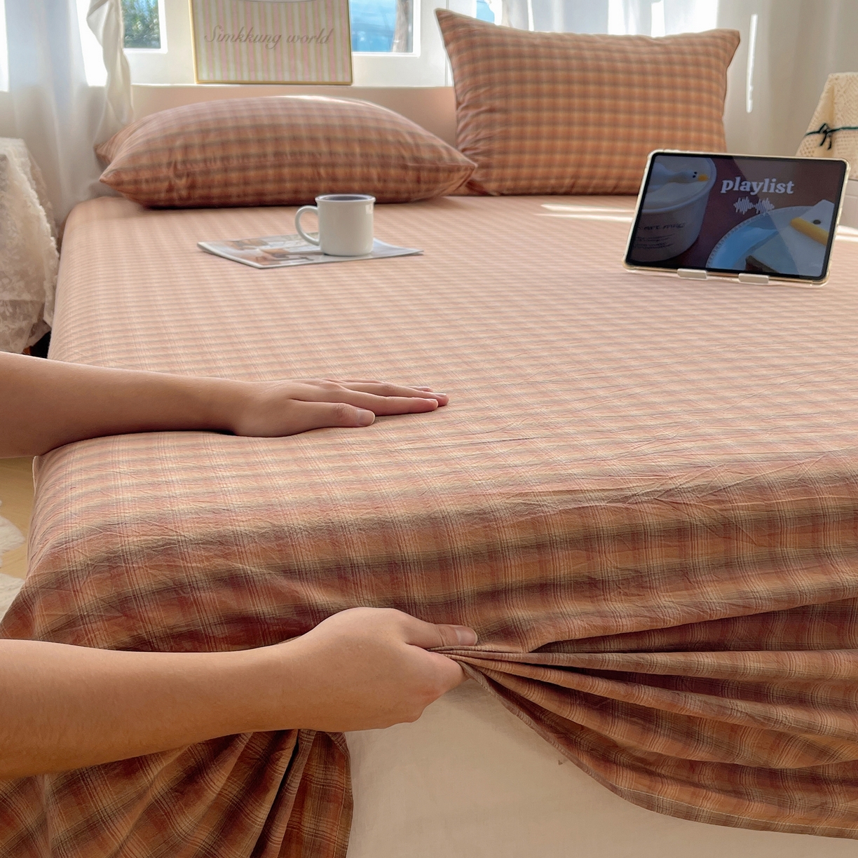 91家纺网 家纺一手货源 找家纺 六巷胡同 2026新款A类全棉纯棉水洗棉色织格子单品床单 床单单件 巷往-橘格