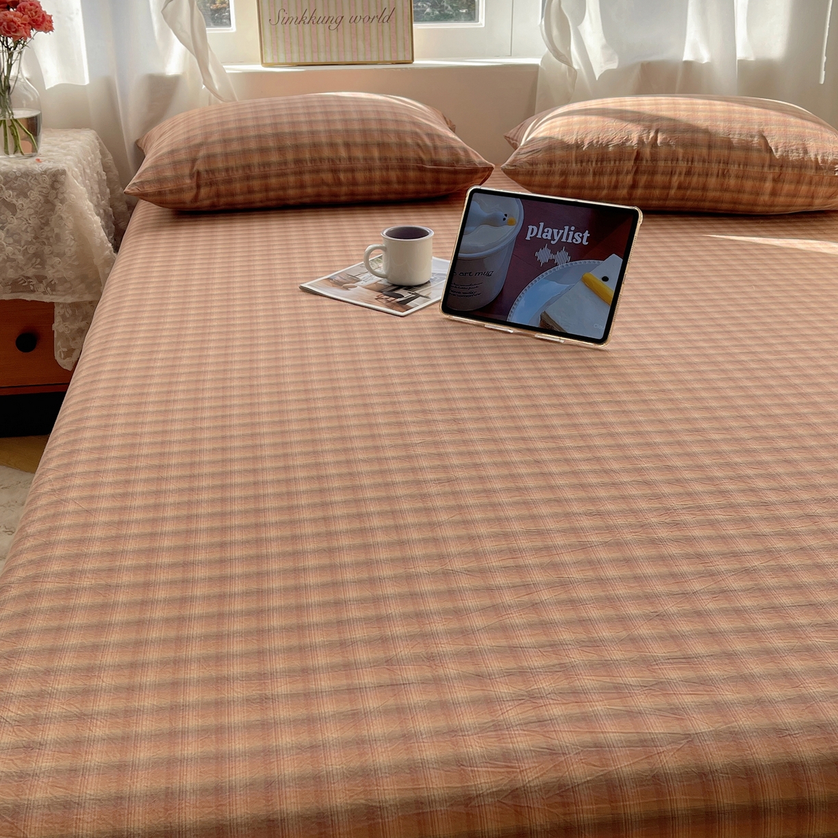 91家纺网 家纺一手货源 找家纺 六巷胡同 2026新款A类全棉纯棉水洗棉色织格子单品床单 床单单件 巷往-橘格