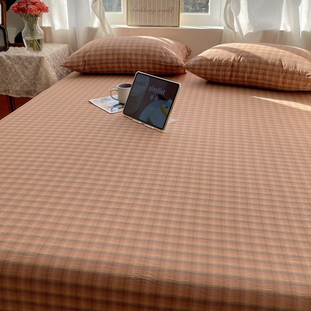 91家纺网 家纺一手货源 找家纺 六巷胡同 2026新款A类全棉纯棉水洗棉色织格子单品床单 床单单件 巷往-橘格