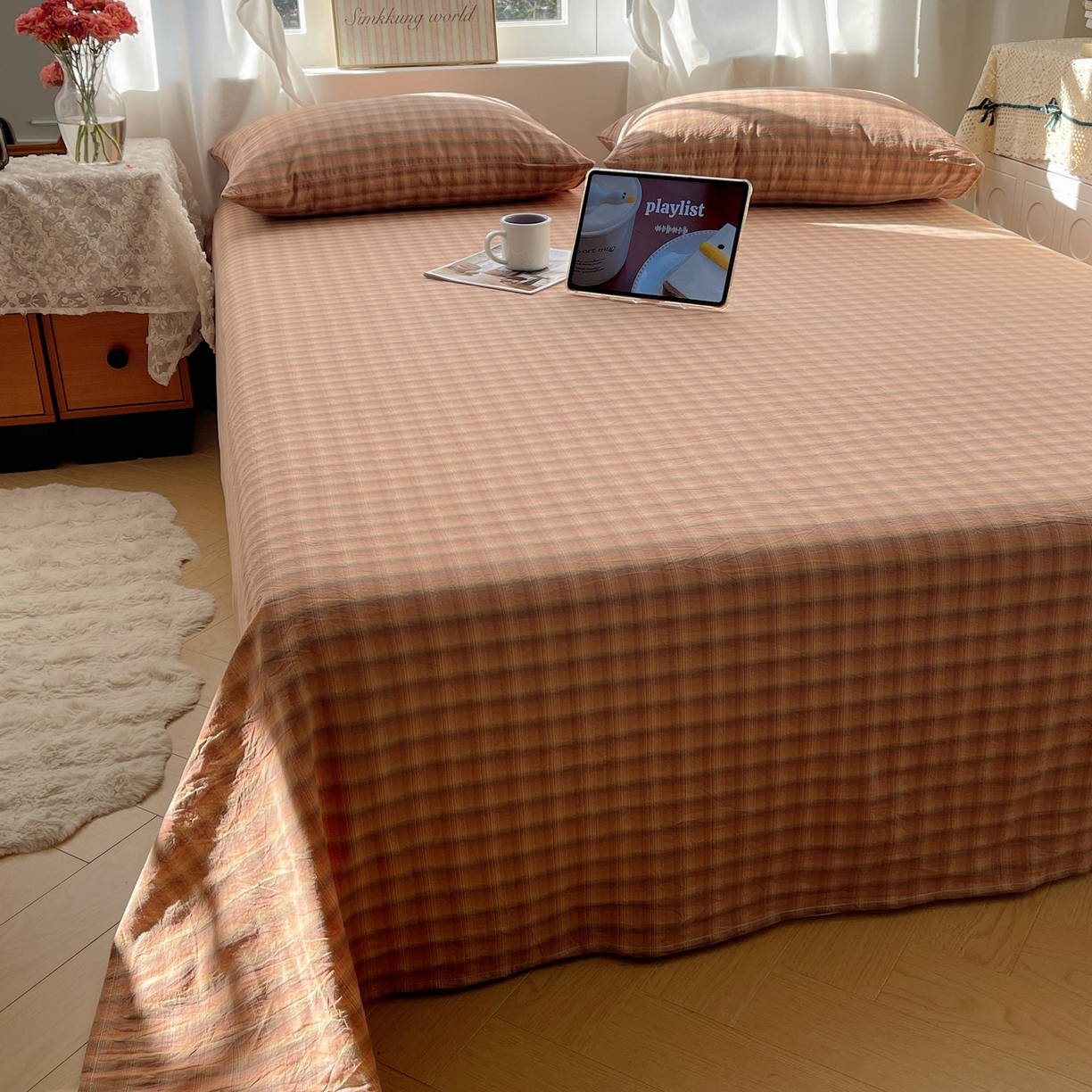 91家纺网 家纺一手货源 找家纺 六巷胡同 2026新款A类全棉纯棉水洗棉色织格子单品床单 床单单件 巷往-橘格