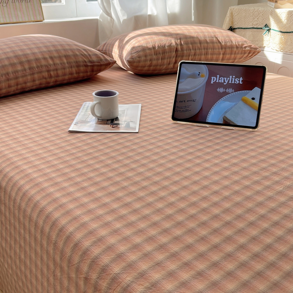 91家纺网 家纺一手货源 找家纺 六巷胡同 2026新款A类全棉纯棉水洗棉色织格子单品床单 床单单件 巷往-橘格