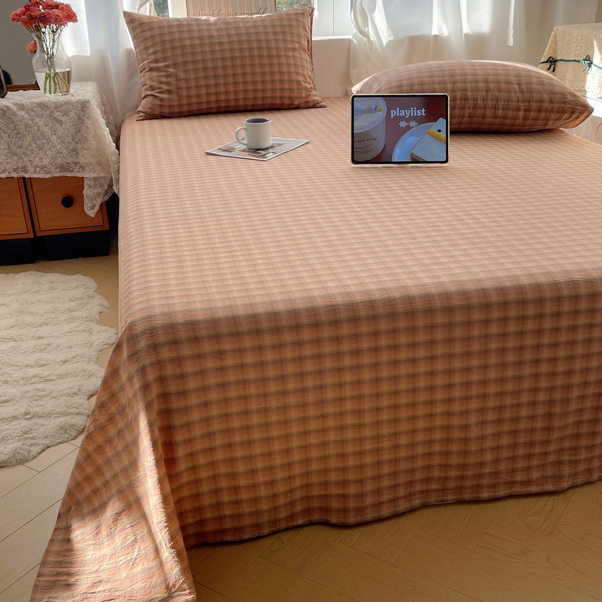 91家纺网 家纺一手货源 找家纺 六巷胡同 2026新款A类全棉纯棉水洗棉色织格子单品床单 床单单件 巷往-橘格