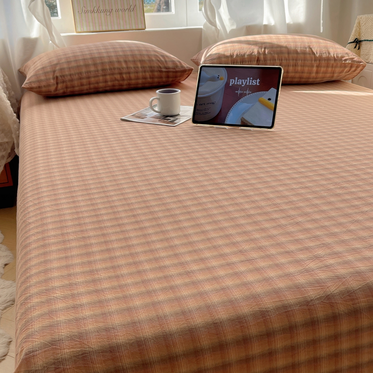 91家纺网 家纺一手货源 找家纺 六巷胡同 2026新款A类全棉纯棉水洗棉色织格子单品床单 床单单件 巷往-橘格