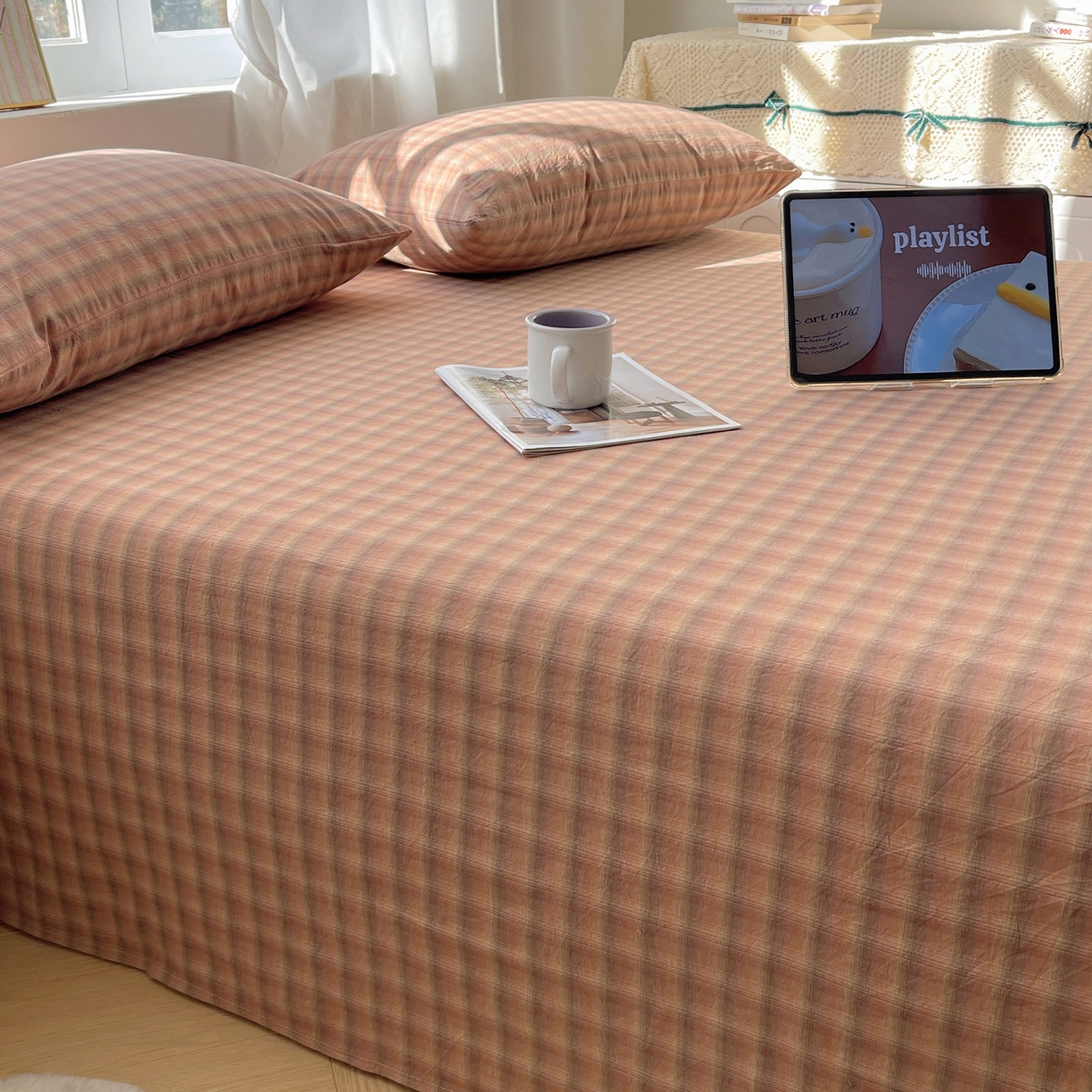 91家纺网 家纺一手货源 找家纺 六巷胡同 2026新款A类全棉纯棉水洗棉色织格子单品床单 床单单件 巷往-橘格