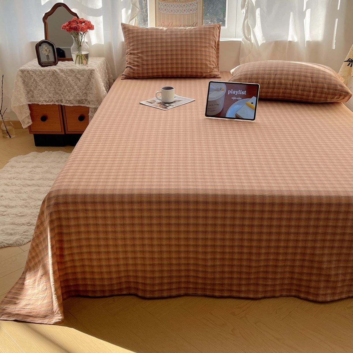 91家纺网 家纺一手货源 找家纺 六巷胡同 2026新款A类全棉纯棉水洗棉色织格子单品床单 床单单件 巷往-橘格
