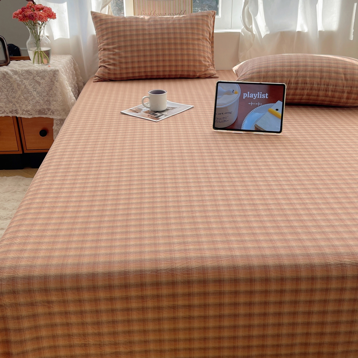 91家纺网 家纺一手货源 找家纺 六巷胡同 2026新款A类全棉纯棉水洗棉色织格子单品床单 床单单件 巷往-橘格