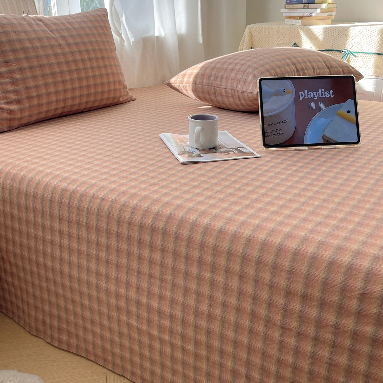 91家纺网 家纺一手货源 找家纺 六巷胡同 2026新款A类全棉纯棉水洗棉色织格子单品床单 床单单件 巷往-橘格