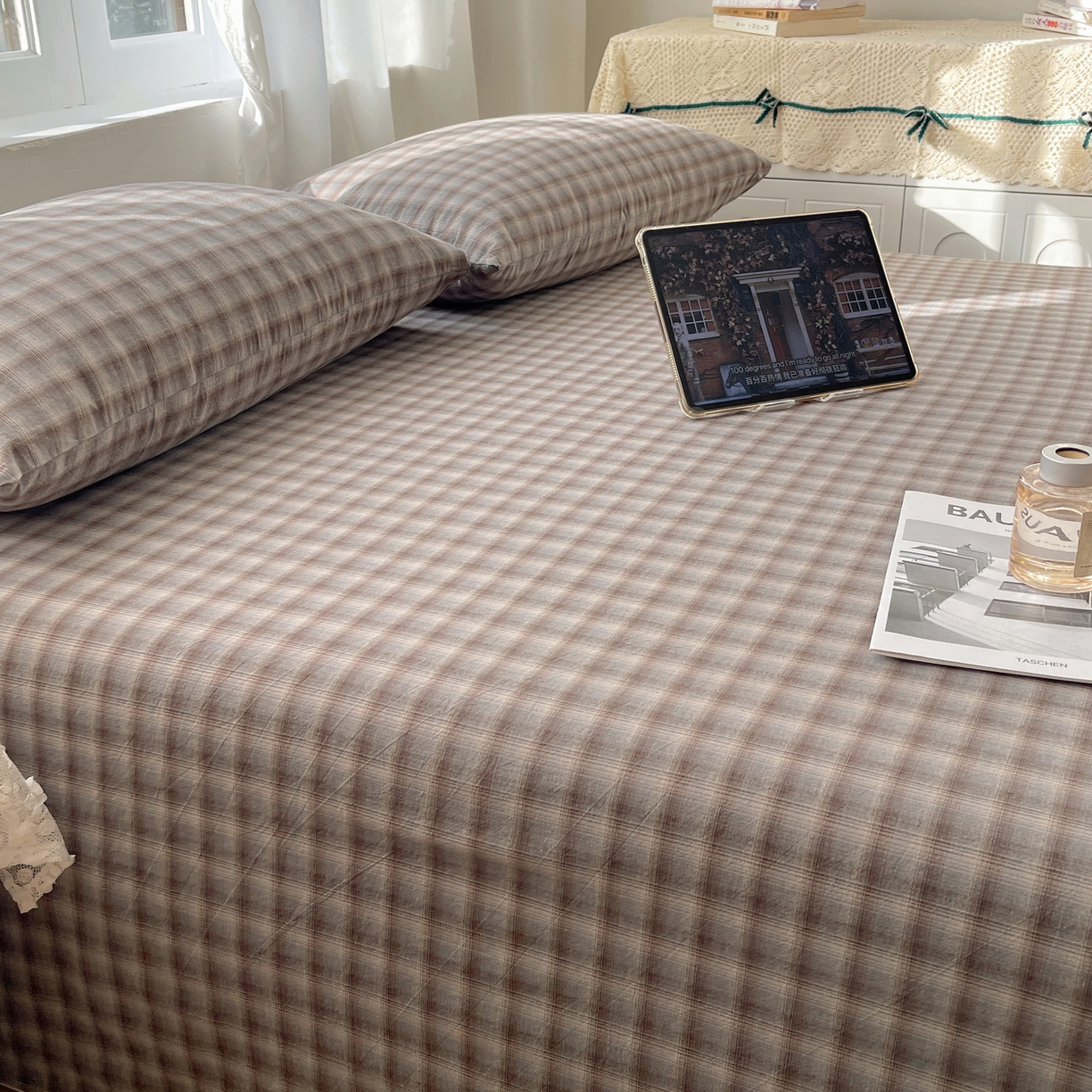 91家纺网 家纺一手货源 找家纺 六巷胡同 2026新款A类全棉纯棉水洗棉色织格子单品床单 床单单件 巷往-蓝格