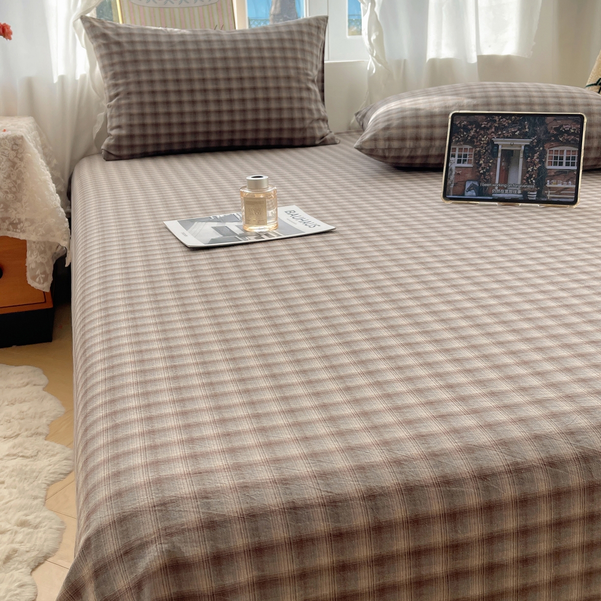 91家纺网 家纺一手货源 找家纺 六巷胡同 2026新款A类全棉纯棉水洗棉色织格子单品床单 床单单件 巷往-蓝格